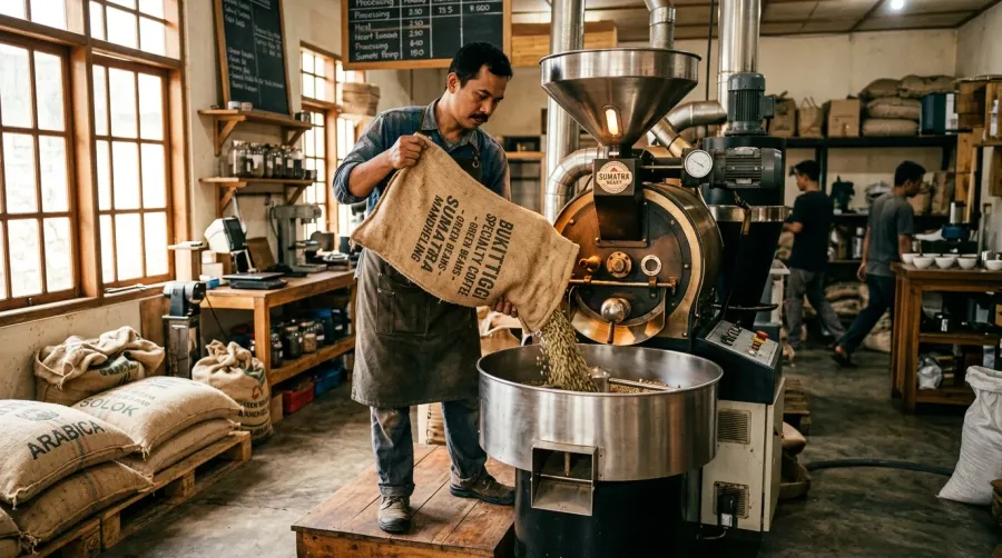 Coffee beans being loaded into the roaster