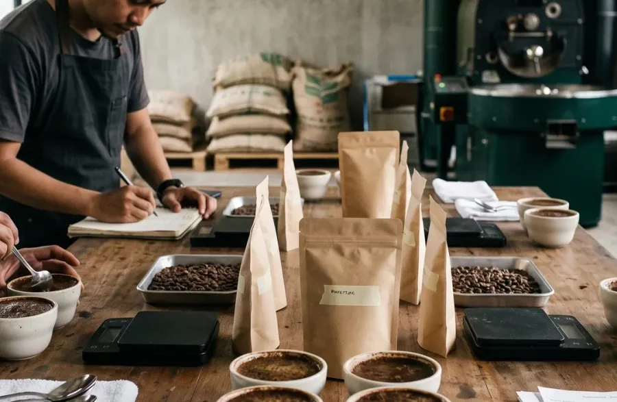 Roasted coffee being packaged